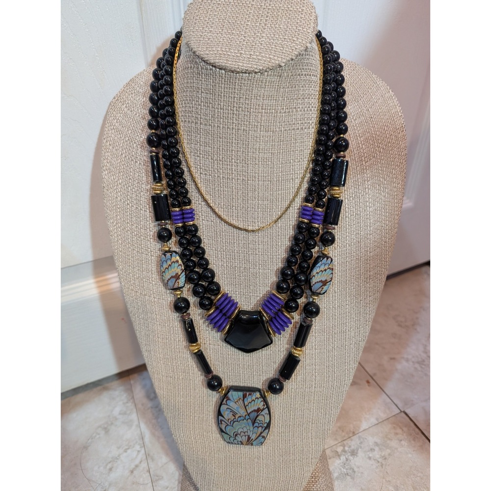 3‎ Piece VTG Statement Necklace Black Purple Gold Marbled Fan Bead Layered Boho